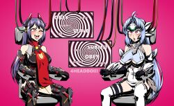 4headboiii absurdres blue_hair breasts drool femsub gloves kos-mos large_breasts nintendo opera_gloves poppi poppi_qtpi_(xenoblade) purple_hair robot smile symbol_in_eyes tech_control text thighhighs tongue tongue_out xenoblade_chronicles xenoblade_chronicles_2 xenosaga