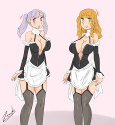 apron arm_warmers bangs black_clover blush breasts choker cleavage collarbone earrings eyebrows_visible_through_hair female_only femsub garter_straps green_eyes grey_hair happy_trance heart_eyes large_breasts long_hair looking_at_viewer maid mimosa_vermillion multiple_girls multiple_subs noelle_silva open_mouth orange_hair pink_eyes signature simple_background smile thighhighs twintails zronku 