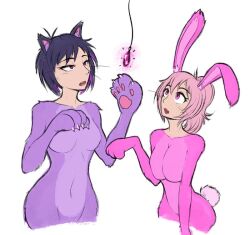  alex_(zko) animal_ears bunny_ears bunny_girl cat_ears cat_girl catsuit claws costume crystal crystal_(zko) glowing multiple_girls multiple_subs open_mouth original paws pendulum pet_play pink_eyes pink_hair purple_eyes purple_hair simple_background tagme white_background zko 