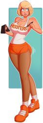  absurdres bimbofication blonde_hair blue_eyes breasts cleavage femsub forced_employee happy_trance heart heart_eyes hooters open_mouth shoes short_shorts shorts socks solo symbol_in_eyes text waitress wrenzephyr2 