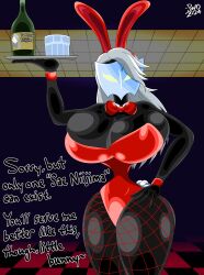  bow_tie breasts bunny_ears bunny_girl bunnysuit corruption dialogue fake_animal_ears fishnets hourglass_figure huge_breasts hyper_breasts latex mask persona_(series) persona_5 sae_niijima super_weird_one text tray 