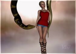 3d aware bare_legs blonde_hair breasts femsub gladiator_sandals large_breasts rh70 sandals short_shorts snake tail tank_top