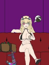 abs alien alien_parasite_(the_hidden) androgynous_dom bare_legs bare_shoulders barghest_(fate) bikini bikini_bottom bikini_top breast_fondling breasts comic corruption couch crossed_legs crossover fate/grand_order fate_(series) femsub green_eyes gun happy_trance holding_breasts justlooking727 large_breasts legs looking_at_viewer money parasite possession red_eyes sandals sitting smile smug speech_bubble the_hidden weapon