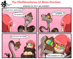  annie_position blush coils comic dialogue disney femsub happy_trance kaa kaa_eyes large_breasts maledom nude original pink_hair renaissanceofchaos short_hair singing snake speech_bubble text the_jungle_book 