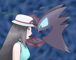 androgynous_dom blush brown_hair chin_hold empty_eyes femsub ghost glowing glowing_eyes hat haunter humor leaf_(pokemon) long_hair nintendo open_mouth pokemon pokemon_(creature) pokemon_firered_and_leafgreen pompom tank_top text