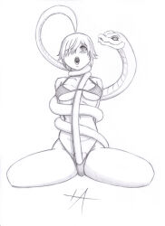 androgynous_dom arms_behind_back asphyxiation bare_shoulders bikini bikini_bottom bikini_top blush bondage breasts cleavage coils crotch_rub fate/grand_order fate_(series) femsub greyscale hair_covering_one_eye hypnotic_eyes iashmoreart kneeling mashu_kyrielight midriff navel restrained ring_eyes short_hair simple_background simulated_paizuri sitting snake thighs white_background