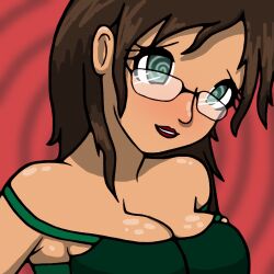blush breasts brown_hair cleavage female_only femsub glasses gradient_background green_eyes happy_trance httpwwwcom large_breasts lipstick long_hair original smile solo spiral spiral_eyes symbol_in_eyes