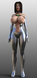  3d absurdres bare_shoulders breasts_outside brown_hair cameltoe choker collarbone expressionless female_only fembot femsub gradient_background graybot high_heels huge_breasts kate_(neozero) large_breasts milf navel nipples original robot robot_girl robotization simple_background solo standing standing_at_attention theheckle whitewash_eyes 