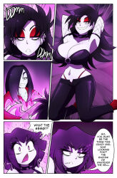  black_hair bree_(gacha_gotcha) cleavage comic corruption dialogue eyeshadow gacha_gotcha goth gothification guitar hair_covering_one_eye kobi94 large_breasts lilith_(gacha_gotcha) long_hair midriff pale_skin purple_hair rift_(gacha_gotcha) sharp_teeth short_hair speech_bubble text transformation 