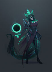  absurdres ahri alternate_color_scheme alternate_costume alternate_hair_color angry animal_ears arm_warmers bare_shoulders black_hair boots breasts cleavage corruption crown female_only femsub floating fox_girl glowing glowing_eyes green_hair high_heels jewelry kitsune_girl laethain large_breasts league_of_legends long_hair looking_at_viewer magic maledom multicolored_hair orb ruination slit_pupils solo standing tail tears thigh_boots unhappy_trance 
