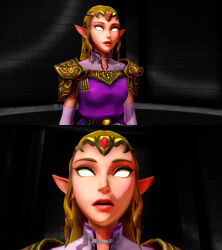 3d biliocho blonde_hair crown earrings elf_ears empty_eyes expressionless female_only femsub gloves jewelry long_hair nintendo ocarina_of_time open_mouth opera_gloves princess princess_zelda standing standing_at_attention the_legend_of_zelda whitewash_eyes