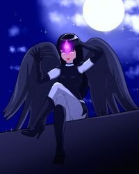  ami_(surrisaki) androgynous_sub angel angel_girl black_hair boots breasts clothed crossed_legs femdom gloves glowing_eyes high_heels hypnotic_eyes large_breasts night original outdoors purple_eyes short_hair sitting slit_pupils smile spiral_eyes surrisaki third_eye wings 