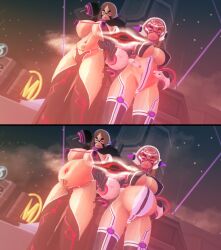 absurdres brown_hair clothed_exposure female_only femsub long_hair milf mother_and_daughter multiple_girls multiple_subs my_hero_academia ochaco_uraraka ochaco_uraraka's_mother pengi13 pink_eyes pregnant short_hair