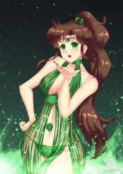 blush breasts brown_hair cleavage empty_eyes female_only gradient_background hadant large_breasts lingerie lipstick makeup midriff nail_polish navel_piercing open_mouth sailor_jupiter sailor_moon_(series) signature simple_background solo tattoo underwear very_long_hair watermark