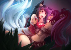 ahri_(league_of_legends) animal_ears black_hair blush body_paint braid breasts charm_(spell) dark_skin dazed drool female_only femdom femsub fox_girl glowing glowing_eyes heart heart_eyes kerasu kissing kitsune_girl large_breasts league_of_legends long_hair magic nidalee_(league_of_legends) open_mouth ponytail symbol_in_eyes tongue tongue_out traditional yuri
