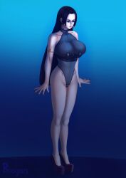  absurdres black_hair boa_hancock boogars breasts corset earbuds earrings empty_eyes expressionless fembot femsub high_heels hypnotic_accessory jewelry large_breasts leotard long_hair nail_polish one_piece standing standing_at_attention tech_control very_long_hair 