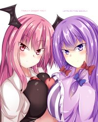  absurdres blush breast_press breasts clothed_paizuri collaborative_paizuri demon_girl huge_breasts koakuma large_breasts long_hair monster_girl paizuri patchouli_knowledge penis purple_eyes purple_hair red_eyes red_hair symmetrical_docking text touhou turning_the_tables yakai 
