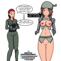 accidental_hypnosis breasts brown_hair empty_eyes expressionless fallout_(series) femsub hat humor idpet moira_brown pussy red_hair robotization tech_control text