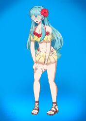  absurdres alternate_costume bare_legs bare_shoulders blue_background blue_hair blush dazed drool eirika_(fire_emblem) femsub fire_emblem fire_emblem_heroes fire_emblem_the_sacred_stones flower flower_in_hair fortnite gold gradient_background hypnot-eyes midriff nail_polish necklace nintendo sandals simple_background skirt slouching swimsuit thighs toe_ring toenail_polish transparenttexture 