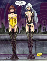 april_o&#039;neil black_cat breasts brown_hair collar dialogue empty_eyes expressionless felicia_hardy female_only femsub garter_belt large_breasts lingerie long_hair marvel_comics mask shono short_hair shrunken_irises standing standing_at_attention super_hero tech_control teenage_mutant_ninja_turtles text underwear white_hair