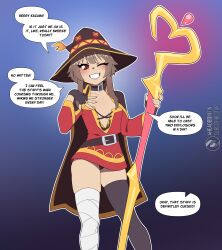 4headboiii brown_hair dress femsub kono_subarashii_sekai_ni_shukufuku_wo! legs looking_at_viewer megumin_(konosuba) miniskirt red_eyes short_skirt small_breasts staff tagme text thighhighs witch witch_hat