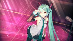  3d arm_warmers arms_above_head blue_hair boots breasts cyan_hair evil_smile female_only femsub koikatsu! looking_at_viewer microphone miku_hatsune red_eyes shirt skirt small_breasts smile solo standing taihou1944 thighhighs tie twintails very_long_hair vocaloid 