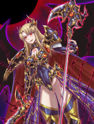  alternate_costume armor aura blonde_hair body_markings bozel_(langrisser) cape cleavage corruption evil_smile femsub glowing happy_trance lana_(langrisser) langrisser leebigtree long_hair possession red_eyes slit_pupils smile sword tattoo thighhighs thighs weapon wings 