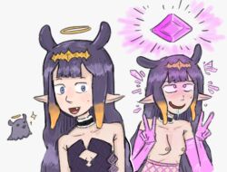 bimbofication blush breasts choker crystal elf_ears fishnets gloves glowing hololive hololive_english imaginalchimp long_hair mole ninomae_ina'nis nipples purple_hair small_breasts virtual_youtuber