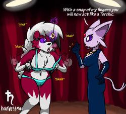 blush breasts chicken_pose dazed dialogue drool erect_nipples espeon femdom femsub finger_snap furry glowing glowing_eyes hair_covering_one_eye harvestman_here lycanroc lycanroc_(midnight) nintendo pendulum pet_play pokemon pokemon_(creature) pussy_juice stage_hypnosis text underwear