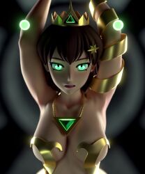 3d angry animated arms_above_head bondage brown_hair crown emerald_lazers expressionless glowing_eyes gold green_eyes lingerie queen queen_nathalia_(emerald_lazers) resisting ring_eyes video