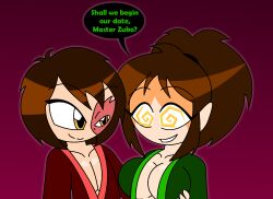 aged_up aura avatar_the_last_airbender bangs breast_grab brown_hair cleavage collarbone eyebrows_visible_through_hair femsub happy_trance hypnoscream jin kimono large_breasts love maledom nickelodeon open_clothes scar short_hair simple_background smile speech_bubble spiral_eyes text tied_hair yellow_eyes zuko