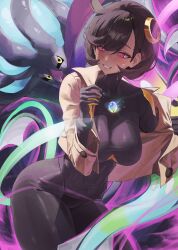 absurdres blush bodysuit breasts brown_hair coat emma_(pokemon) femsub glowing hair_ornament happy_trance huge_breasts malamar mega_malamar netural nintendo pink_eyes pokemon pokemon_(creature) pokemon_legends_z-a pokemon_x_and_y short_hair smile spiral_eyes sweat symbol_in_eyes tentacles undressing