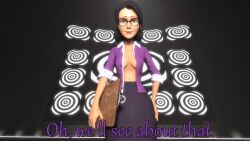  3d animated animated_gif black_hair breasts clothed evil_smile femdom glasses hypnotic_screen lipstick looking_at_viewer male_pov manip miss_pauling_(team_fortress_2) open_clothes pov pov_sub short_hair skirt smile team_fortress_2 text valve 