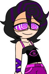  androgynous_sub bare_shoulders black_hair happy_trance hypnoscream inkrye_varis_figment_(hypnotic-ink) original purple_hair shiny_hair smile solo spiral_eyes spiralwash_eyes tank_top 