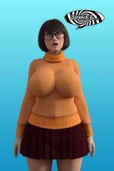 3d breasts dialogue drool female_only femsub glasses scooby-doo_(series) skirt solo spiral_eyes sweater symbol_in_eyes text theheckle velma_dinkley
