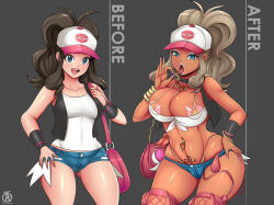  alternate_hair_color before_and_after bimbofication blonde_hair body_writing breast_expansion breasts condom_accessories dark_skin earrings femsub ganguro hat hilda jewelry large_breasts large_lips nintendo pokemon pokemon_black_and_white ponytail revolverwing smile tattoo text used_condom 