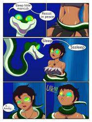  black_hair dark_skin dialogue disney emperorcheese femsub hypnotic_eyes kaa kaa_eyes luz_noceda sleep_command snake text the_jungle_book the_owl_house 