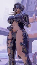  3d assimilation blindfold breast_grab drool female_only femsub gloves happy_trance latex lipstick living_costume mei_(overwatch) navel open_mouth overwatch purple_lipstick rubber seriiif+ short_hair slime solo sombra_(overwatch) standing symbiote thick_thighs tongue tongue_out vaginal white_hair 