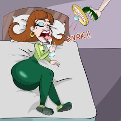absurdres ass bed bodysuit brown_hair drool earrings female_only femsub hypno_beam hypnotic_beam hypnotic_gun jewelry jimmy_neutron_(series) judy_neutron large_ass makeup milf mole nickelodeon open_mouth raygun sleeping snoring somnowalkerx spiral_eyes symbol_in_eyes text tongue tongue_out western