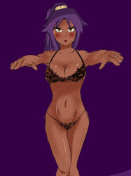  artsydark17 bare_legs bare_shoulders bleach blush bra dark_skin empty_eyes expressionless femsub lingerie open_mouth panties purple_hair tagme yellow_eyes yoruichi_shihoin zombie_walk 