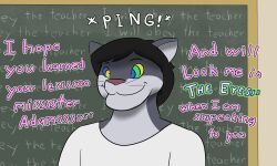 alexander717 blackboard classroom furry happy_trance kaa_eyes male_only malesub panther_boy ping smile standing standing_at_attention symbol_in_eyes text