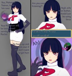  3d bangs before_and_after crop_top dialogue female_only gloves glowing hand_on_hip koikatsu! nintendo open_mouth opera_gloves pokeball pokemon red_eyes sabrina simple_background skirt standing straight-cut_bangs team_rocket text thehguy thigh_boots thighhighs uniform 