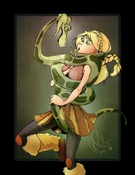 anattor astrid_hofferson blonde_hair breasts clothed coils crotch_rub dazed disney femsub how_to_train_your_dragon hypnotic_eyes kaa kaa_eyes large_breasts long_hair open_mouth shrunken_irises snake the_jungle_book watermark western