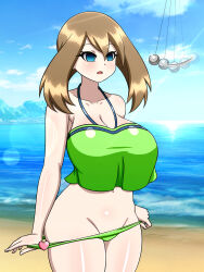  beach bikini blue_eyes breasts brown_hair cleavage empty_eyes female_only femsub heart large_breasts may nintendo open_mouth panty_pull pendulum pokemon pokemon_ruby_sapphire_and_emerald short_hair solo standing undressing water yensh 