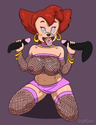  cum_in_mouth double_handjob femsub fishnets furry goof_troop kneeling large_breasts maledom open_mouth peg_pete penis skirt spiral_eyes thighhighs tongue_out vylfgor 