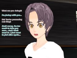 3d brown_hair flamekin ghost_girl possession shirt short_hair text unusual_pupils yellow_eyes