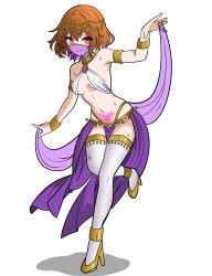 body_control crotch_tattoo dancer dancing empty_eyes eye_color_change female_only femsub happy_trance harem_outfit high_heels looking_at_viewer midriff navel orange_hair original puffo_(puffo) puffo_(truepuffo) red_eyes short_hair simple_background smile solo sweat thighhighs veil white_background yellow_eyes