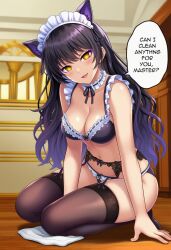 ai_art black_hair blake_belladonna cat_ears cat_girl dialogue empty_eyes femsub happy_trance lingerie maid maid_headdress perfect_idiot rwby text yellow_eyes