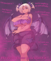  bat_wings breasts demon demon_girl female_only femdom hair_ribbon kayvaan_(manipper) large_breasts looking_at_viewer magic manip monster_girl pants pink_eyes pov pov_sub ribbon shirt short_hair smile succubus tail text tongue tongue_out twintails underboob ushi white_hair wings 
