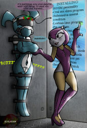 artist_request bodysuit bondage breasts cyan_hair dialogue environmental_text female_only femdom femsub jenny_wakeman large_breasts latex misty_(my_life_as_a_teenage_robot) my_life_as_a_teenage_robot nickelodeon resisting robot short_hair source_request tech_control text western 